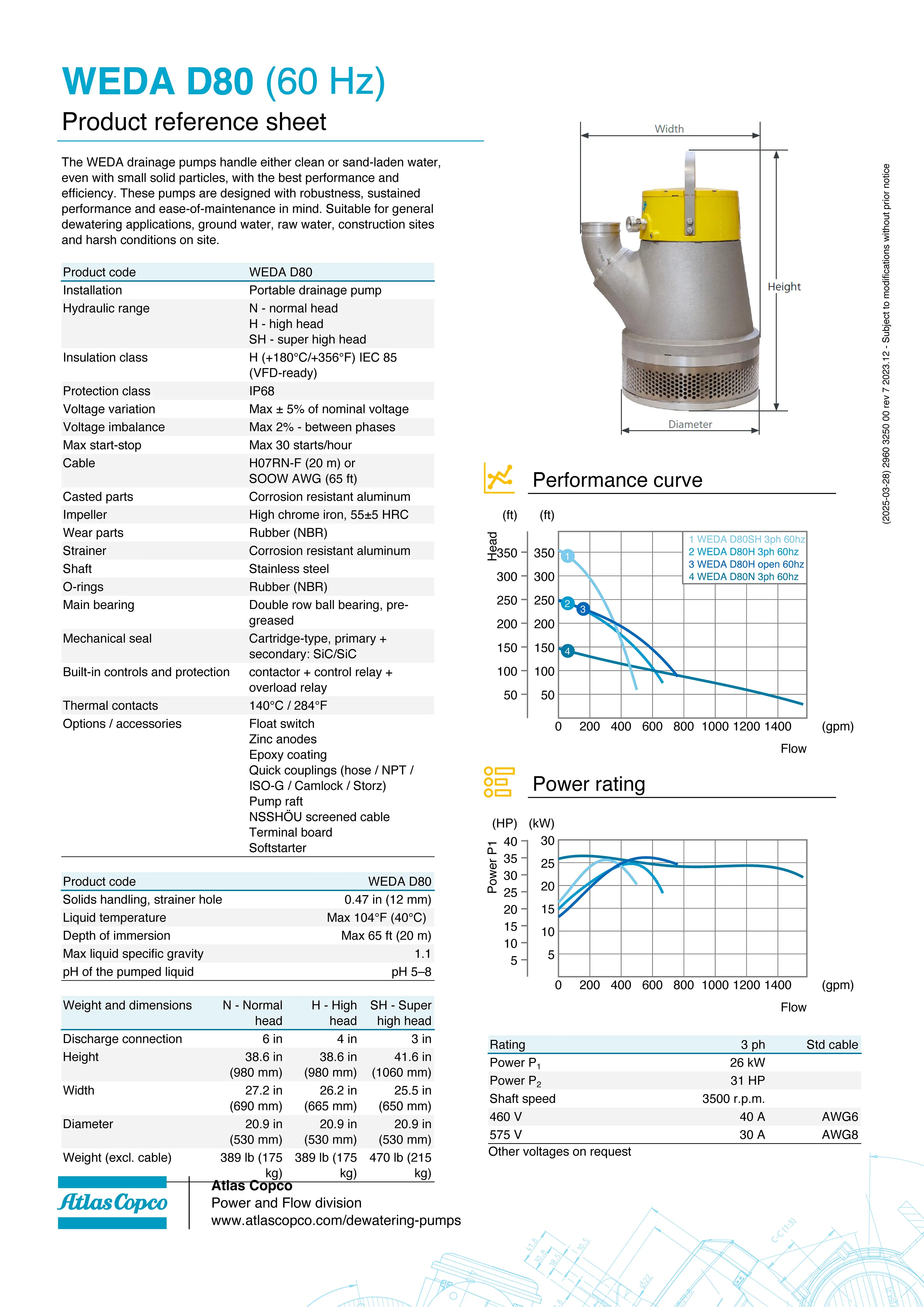 Submersible Pump - WEDA D80N 460V YSERSOFT60HZCSA 6"NPT by Atlas Copco