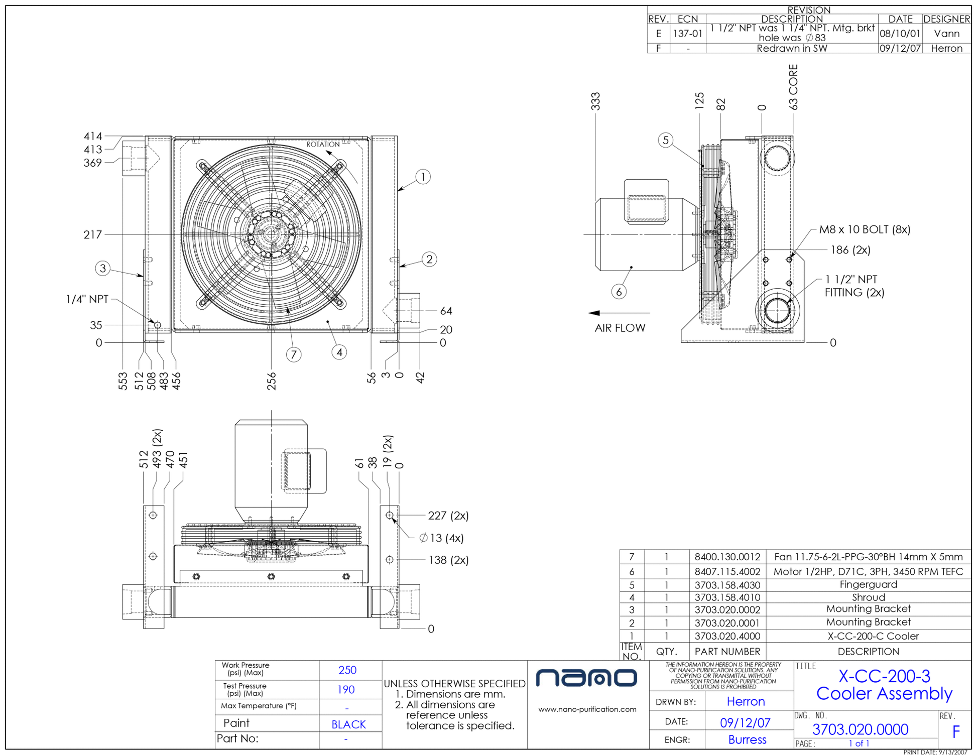 Nano X-CC-200-3 aftercooler general arrangement drawing with dimensions