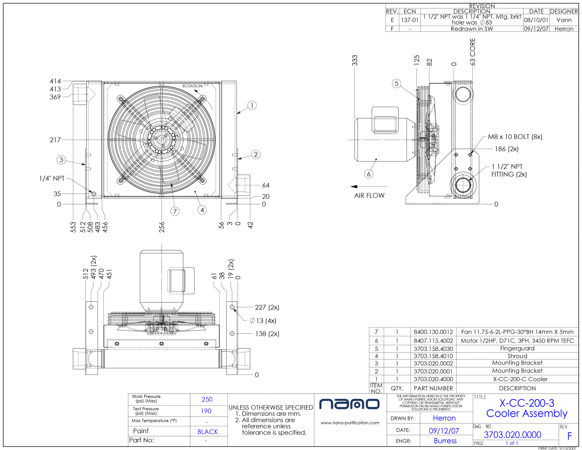Nano X-CC-200-3 aftercooler general arrangement drawing with dimensions