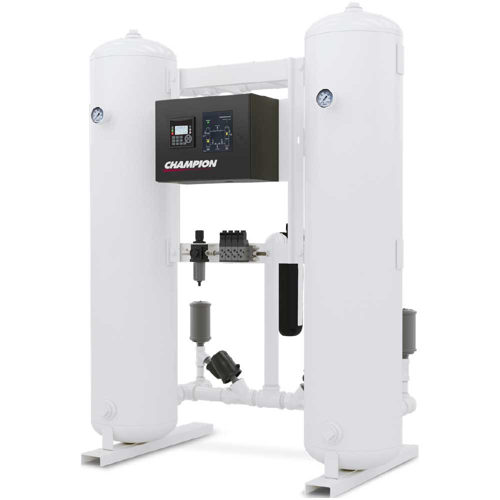 Champion XCHL Series twin tower heatless desiccant air dryer with NEMA 4 controller and mounted filtration