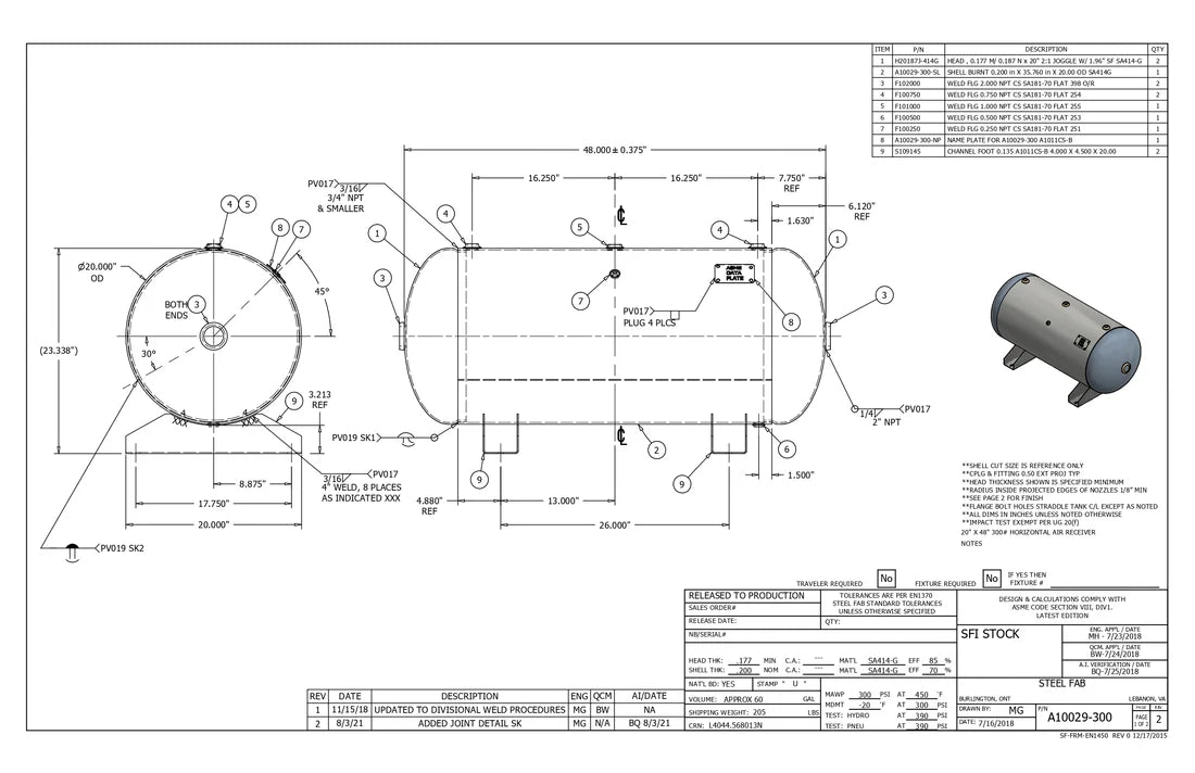 60 Gallon 300PSI Horizontal Air Tank By Samuel with Saddle legs | A10029-300
