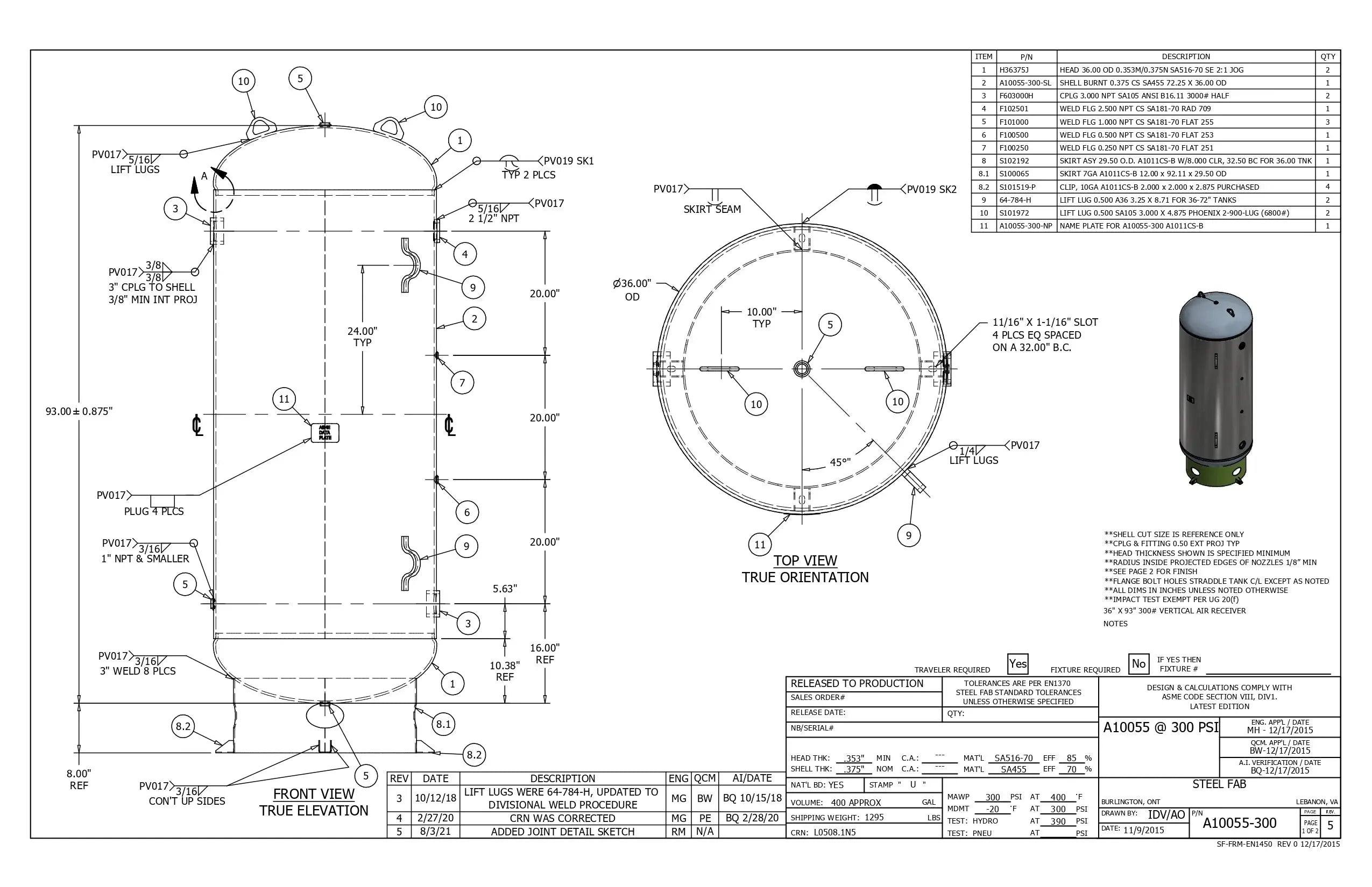 400 Gallon 300PSI Vertical Air Tank By Samuel with 8" base ring | A10055-300 Samuel