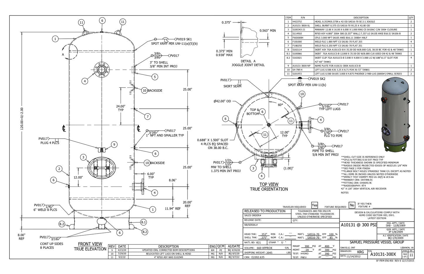 660 Gallon 300PSI Vertical Air Tank By Samuel with 8" base ring | A10131-300X