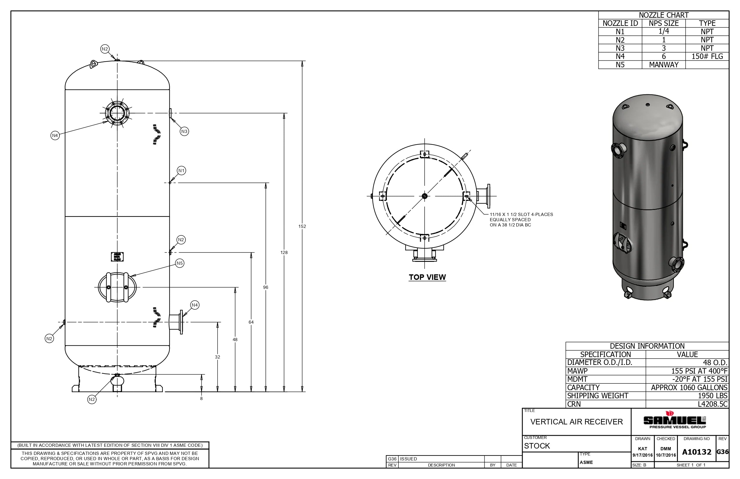 1060 Gallon 155PSI Vertical Air Tank By Samuel with 8" base ring | A10132