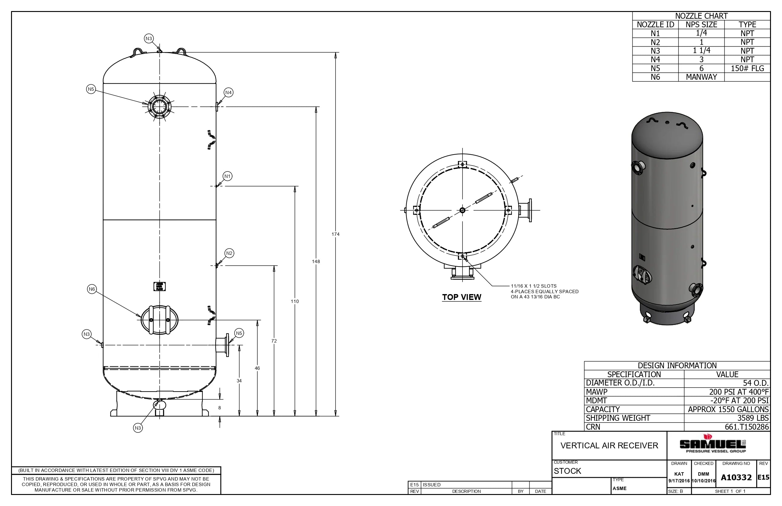 1550 Gallon 200PSI Vertical Air Tank By Samuel with 8" base ring | A10332