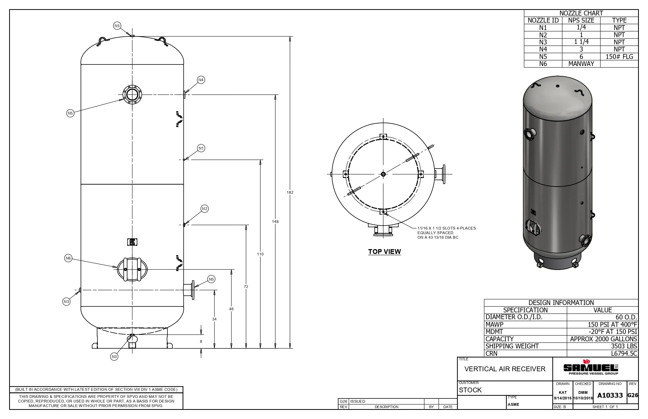2000 Gallon 150PSI Vertical Air Tank By Samuel with 8" base ring | A10333
