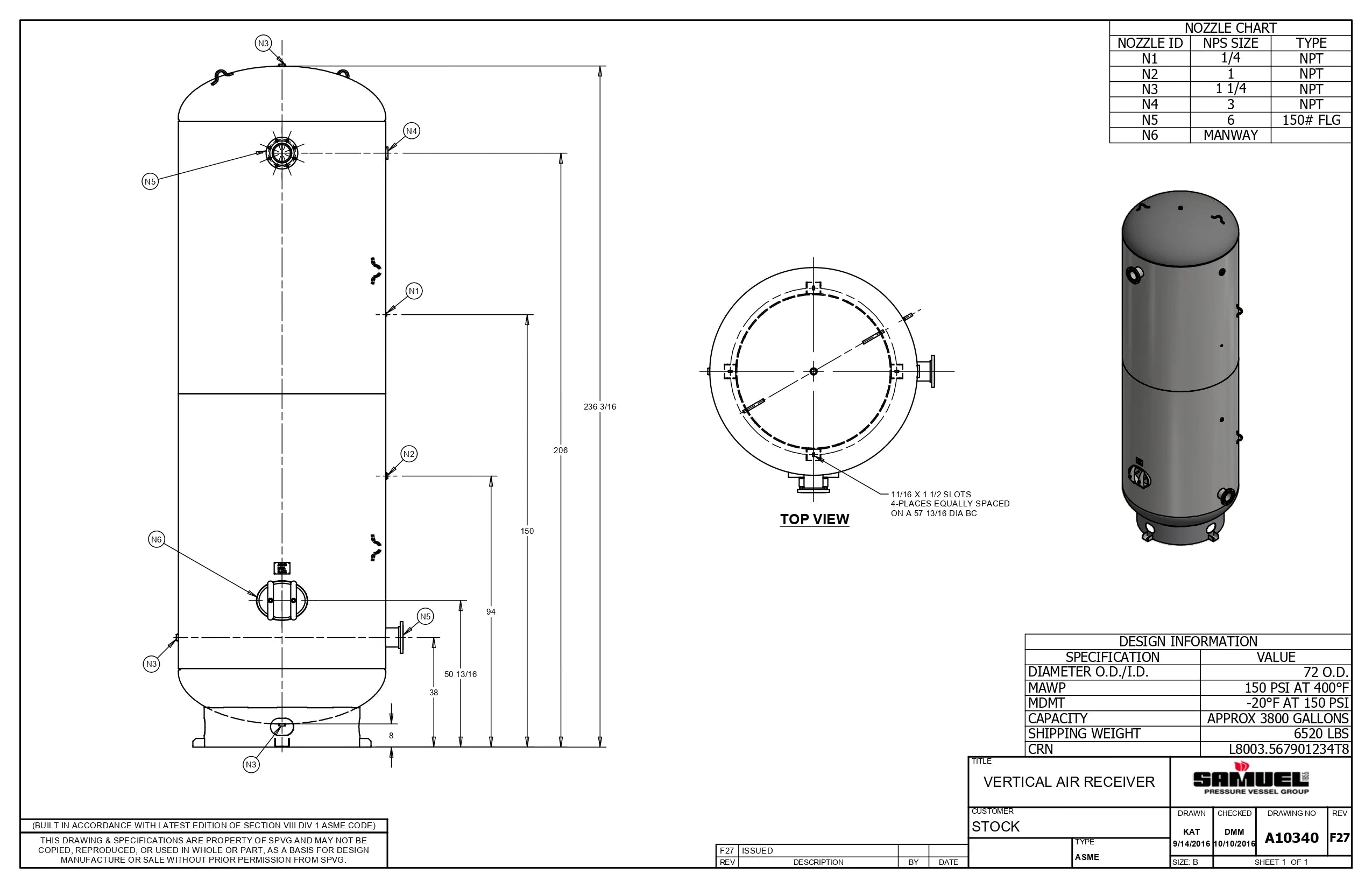 3800 Gallon 150PSI Vertical Air Tank By Samuel with 8" base ring | A10340