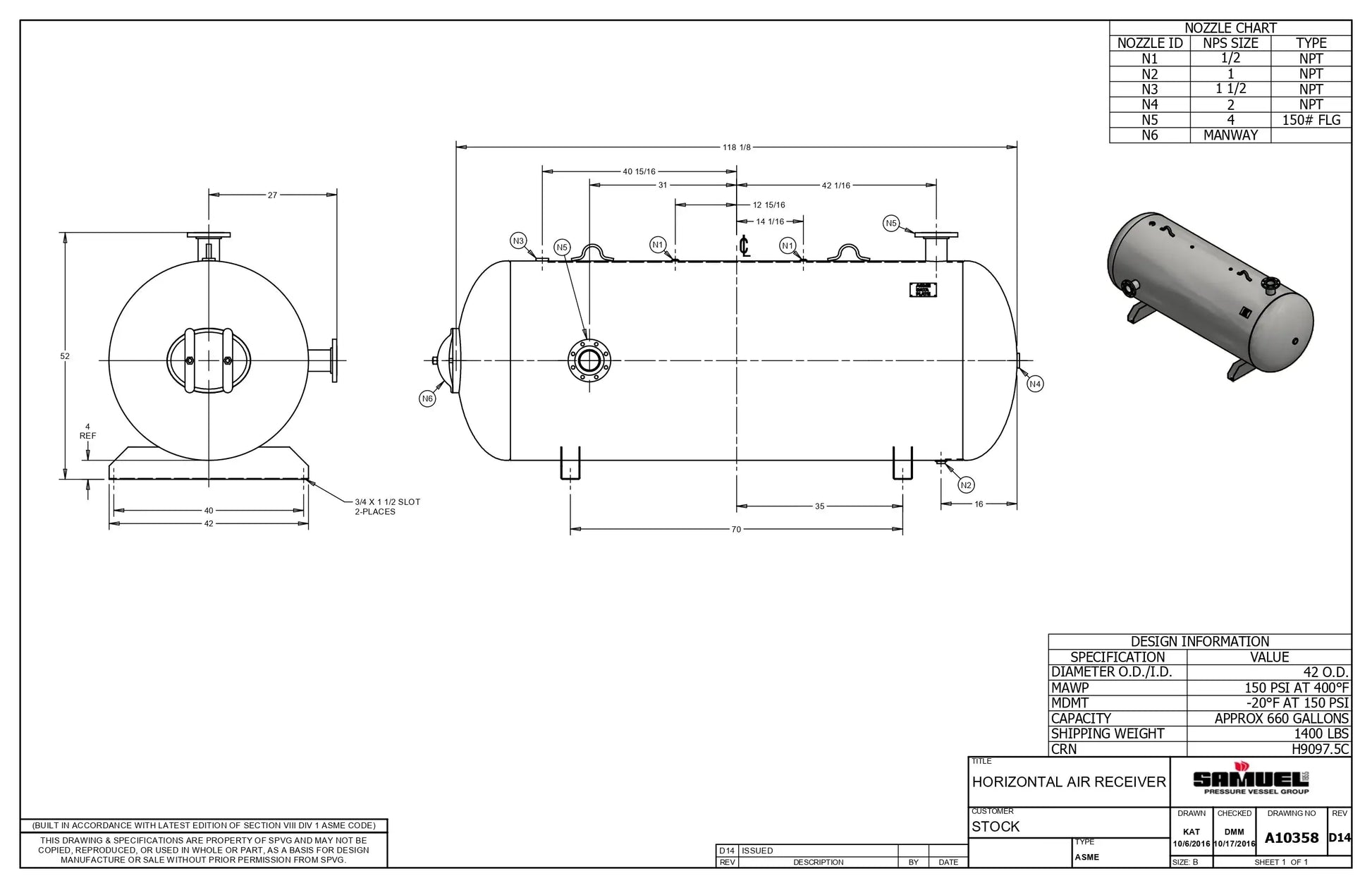 660 Gallon 150PSI Horizontal Air Tank By Samuel with Saddle legs | A10358 Samuel