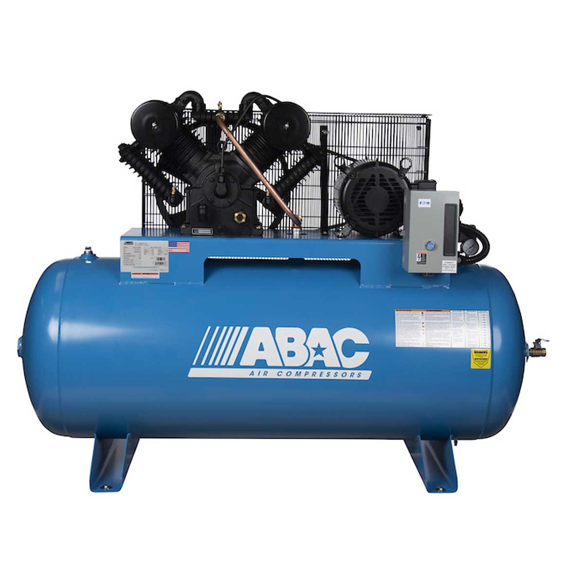 ABAC AB7-2180HFF 7.5 HP two-stage air compressor on an 80 gallon horizontal ASME tank with magnetic starter
