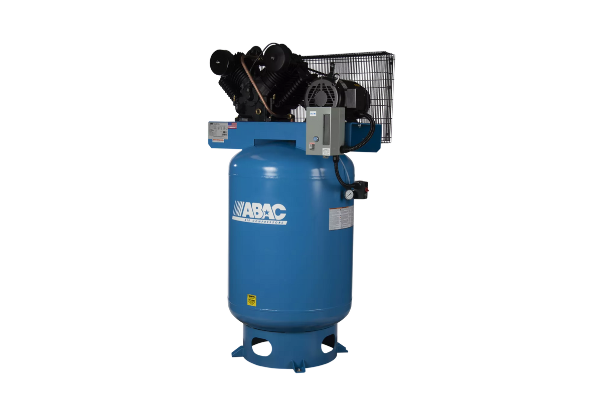 ABAC ABC10-2312VP 10 HP two-stage Ironman air compressor on a 120 gallon vertical tank with C2 cast iron pump
