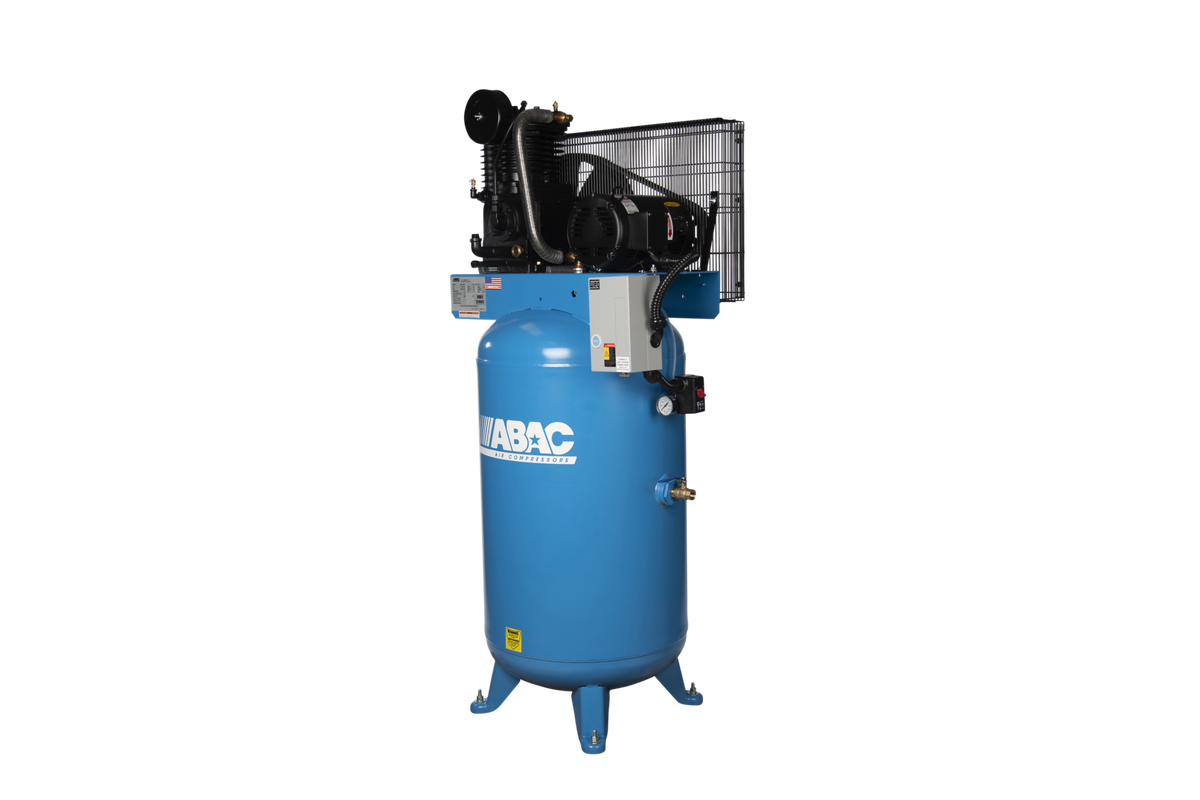 ABAC ABC5-2180VP 5 HP Ironman two-stage air compressor on an 80 gallon vertical tank with C1 cast iron pump and magnetic starter