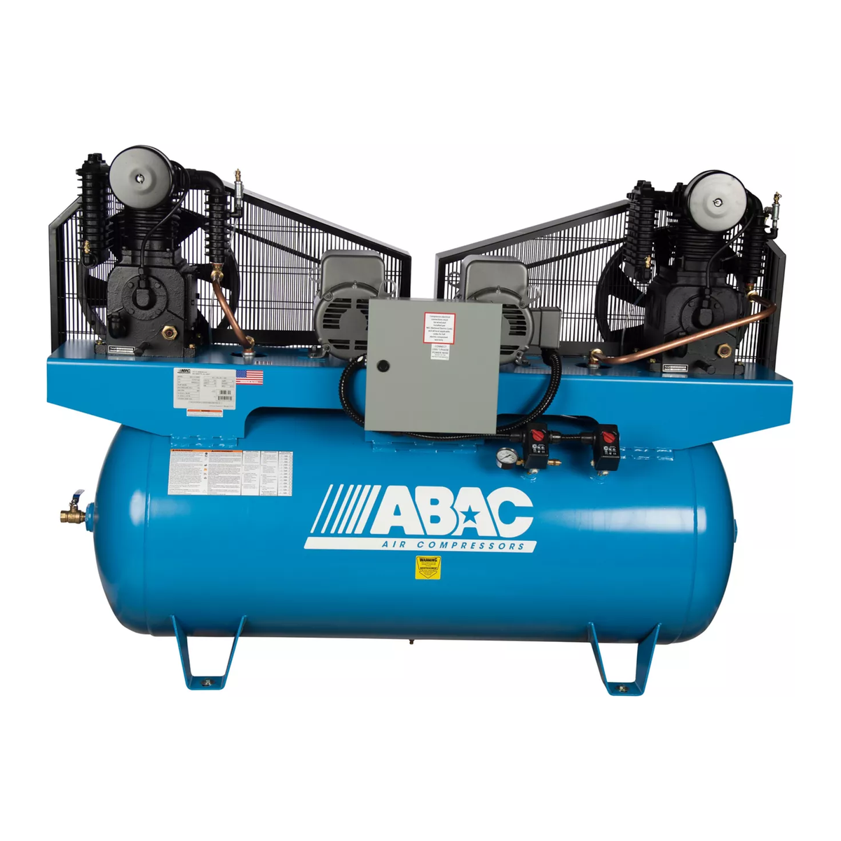 ABAC ABC5 Ironman duplex air compressor on a 120 gallon horizontal tank with twin C1 cast iron pumps
