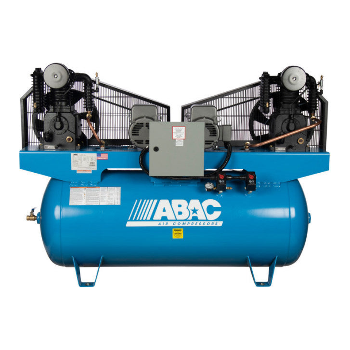 ABAC ABC7 Ironman duplex air compressor on a 120 gallon horizontal tank with twin C1 cast iron pumps