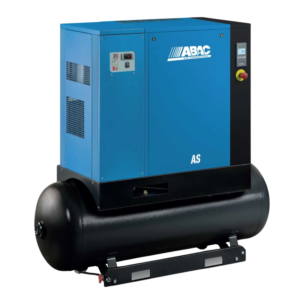 ABAC AS-B rotary screw air compressor with integrated refrigerated dryer on horizontal receiver tank