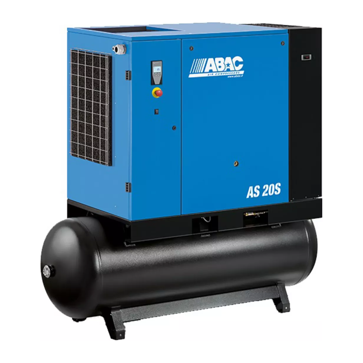 ABAC AS-25 25 HP rotary screw air compressor on 131 gallon tank mount with integrated refrigerated dryer, 150 PSI