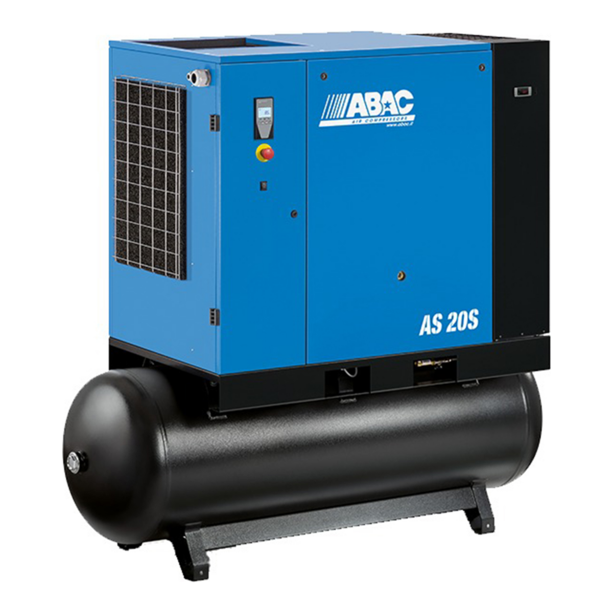 ABAC AS-25 25 HP rotary screw air compressor on tank mount with integrated refrigerated dryer
