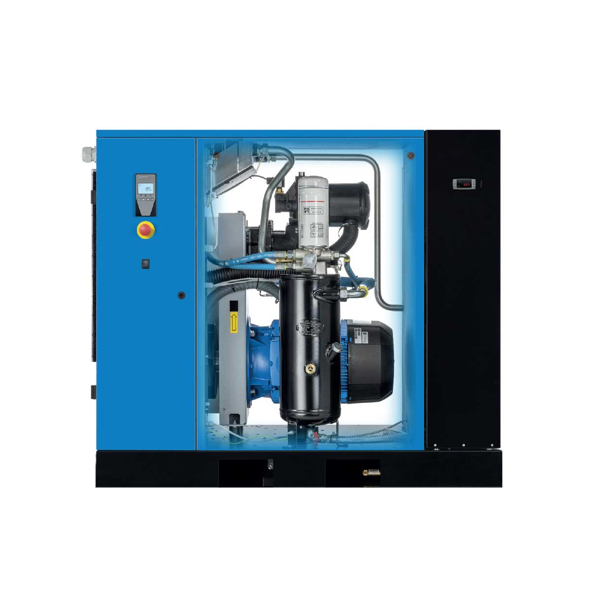 ABAC AS-30503BM 30 HP base mount rotary screw air compressor, cutaway view of the AS-B cabinet