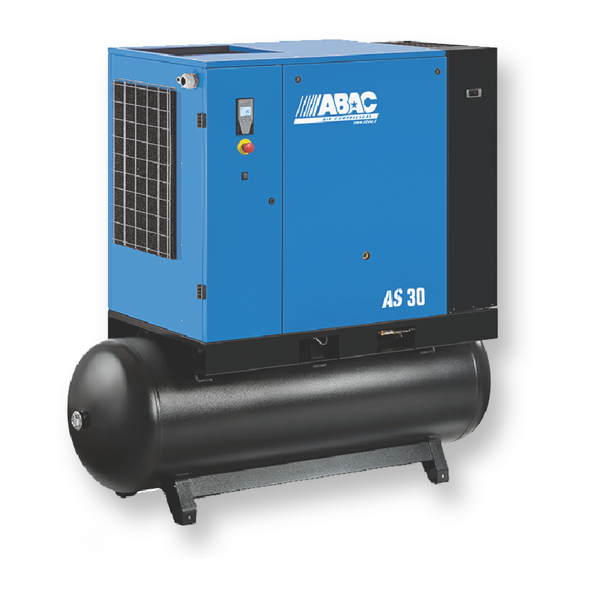 ABAC AS-30503TMD 30 HP rotary screw air compressor on a 131 gallon horizontal tank with integrated refrigerated dryer