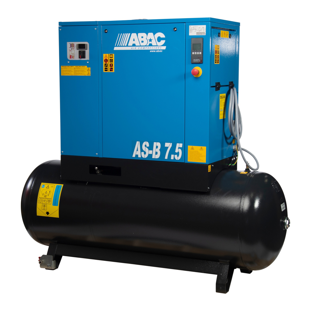 ABAC AS-B 7.5 HP rotary screw air compressor on a 131 gallon horizontal tank with integrated refrigerated dryer