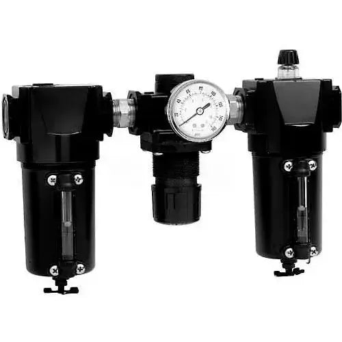 Arrow Pneumatics Mid-Flow 3-Stage FRL — filter, regulator with gauge, and lubricator with metal bowls and sight glasses