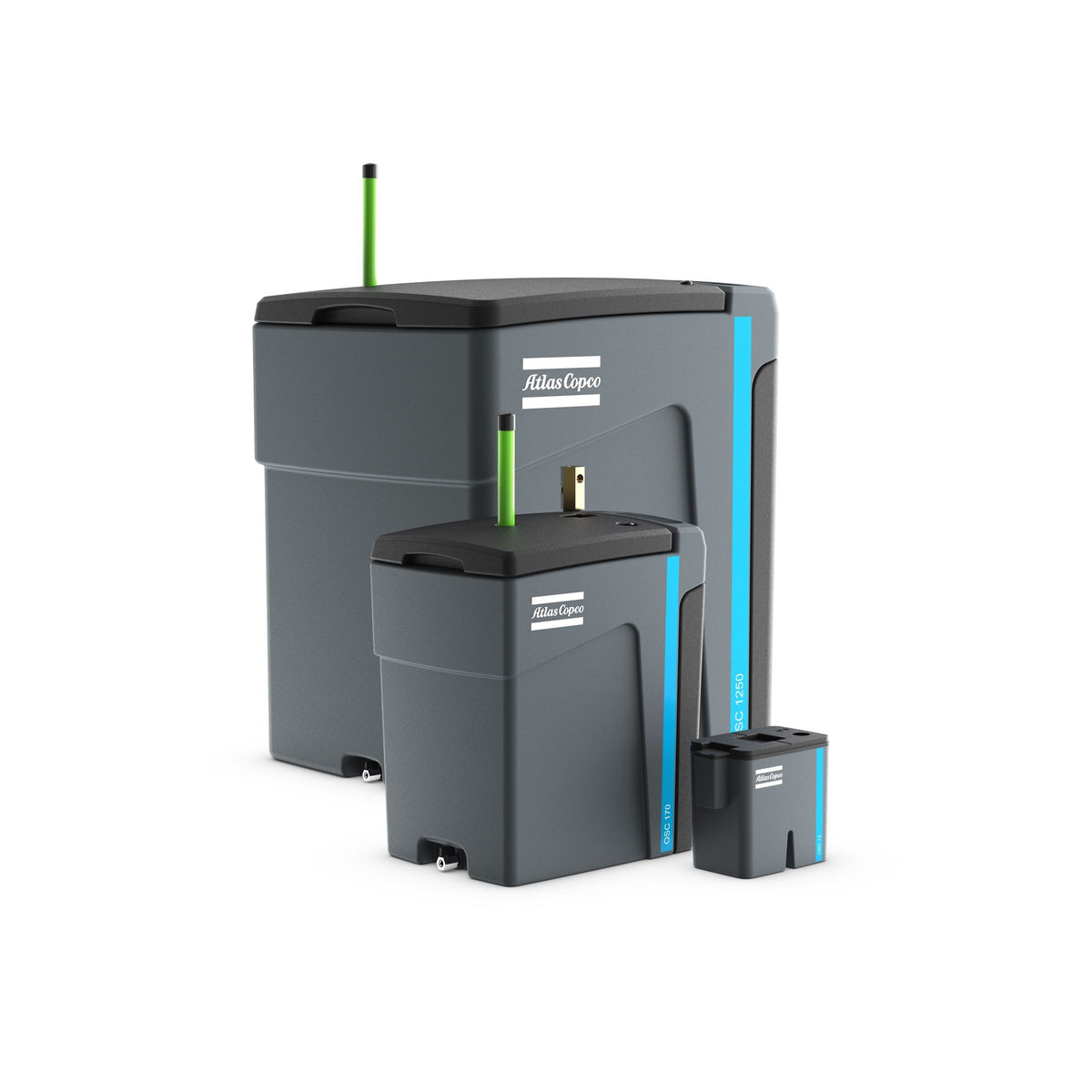 Atlas Copco OSC range organoclay oil/water separators, OSC 1250, OSC 170 and OSC 12 shown together