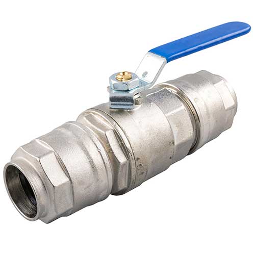 Champion Quick-Lock nickel-plated ball valve with lockable blue lever handle