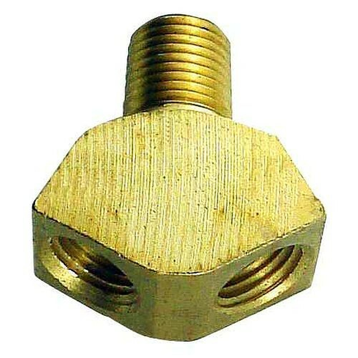 Brass Y splitter fitting with 1/4 inch MNPT male inlet and two 1/4 inch FNPT female outlets