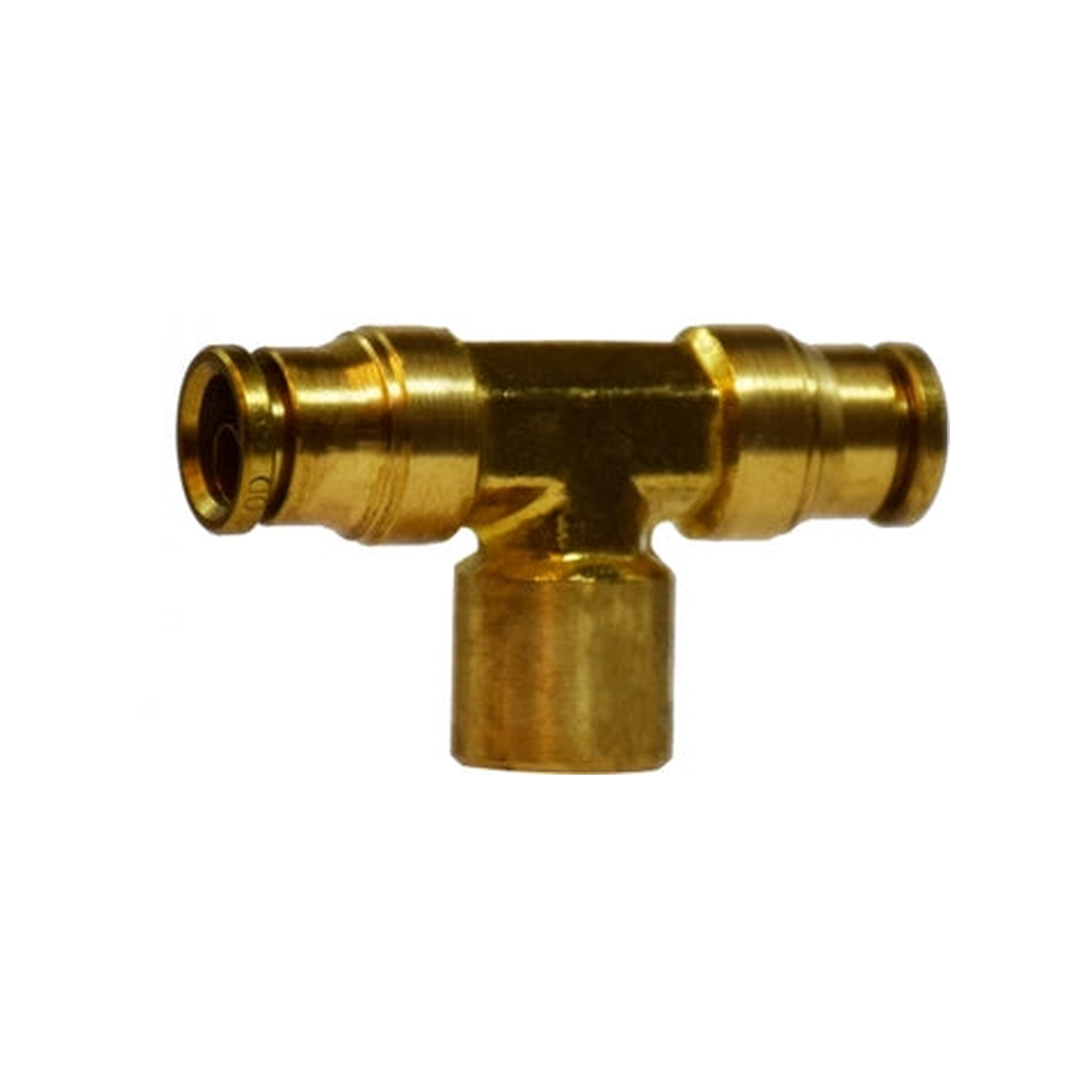 Brass push-to-connect female branch tee — push-in tube run with female NPT branch
