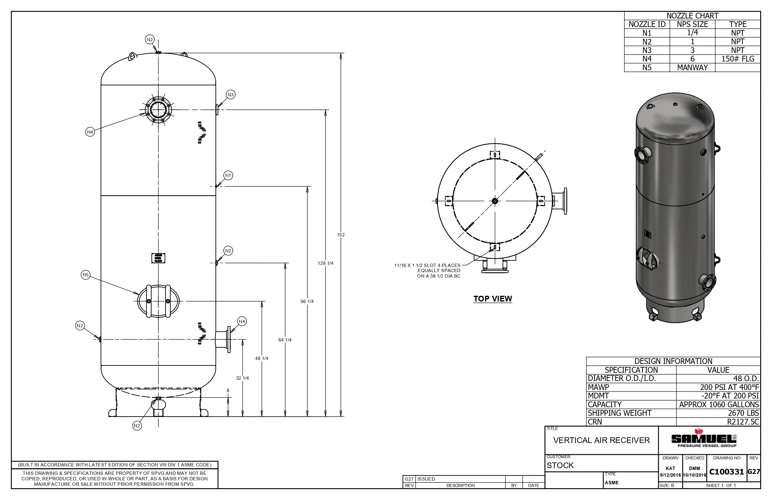 1060 Gallon 200PSI Vertical Air Tank By Samuel with 8" base ring | C100331