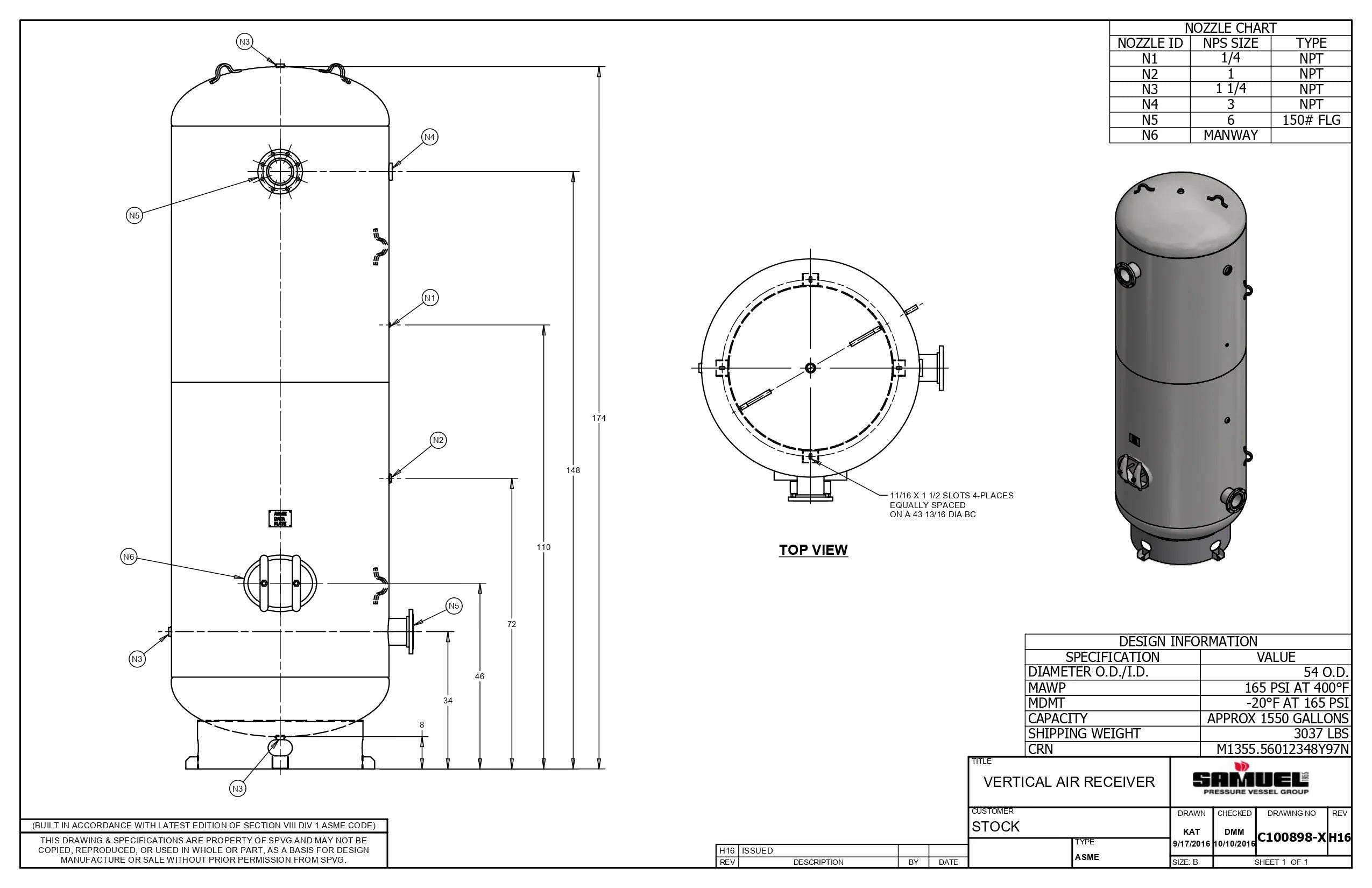 1550 Gallon 165PSI Vertical Air Tank By Samuel with 8" base ring | C100898-X