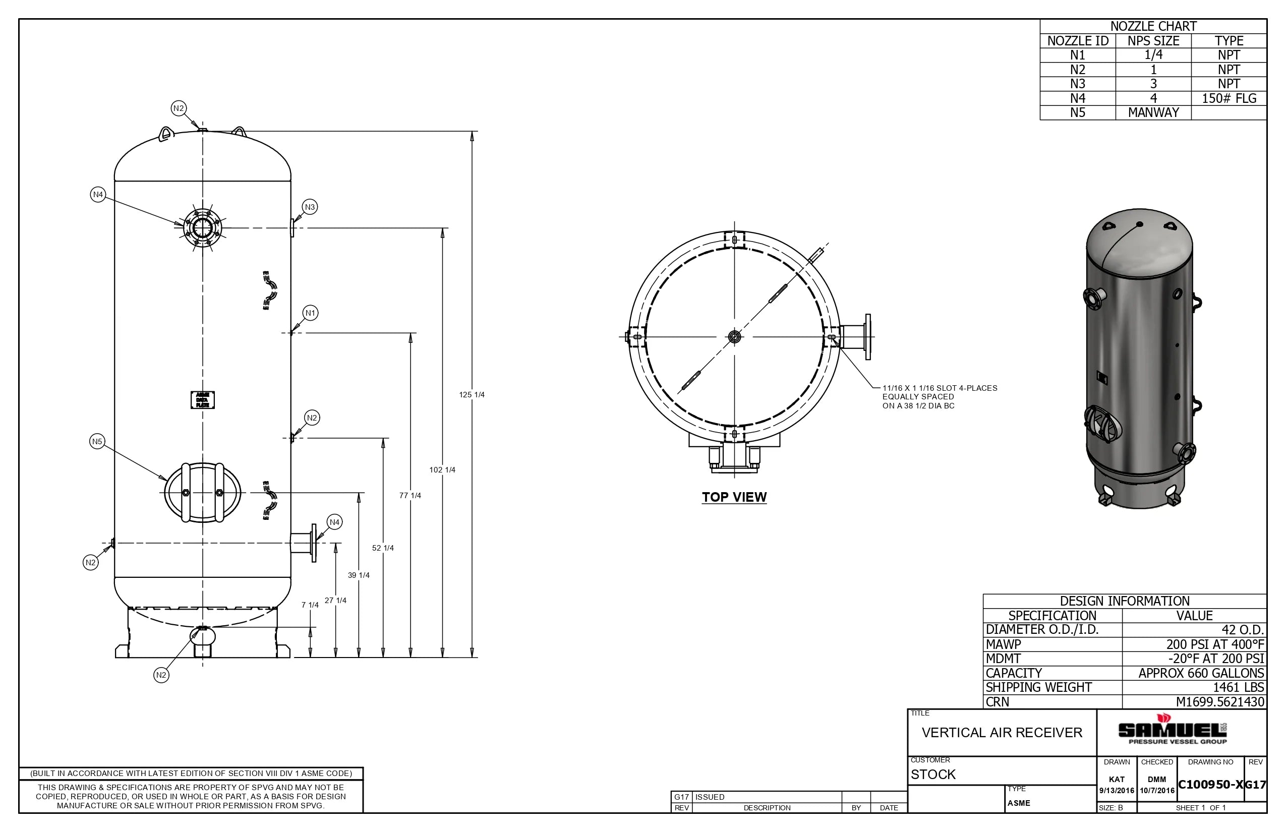 660 Gallon 200PSI Vertical Air Tank By Samuel with 8" base ring | C100950-X