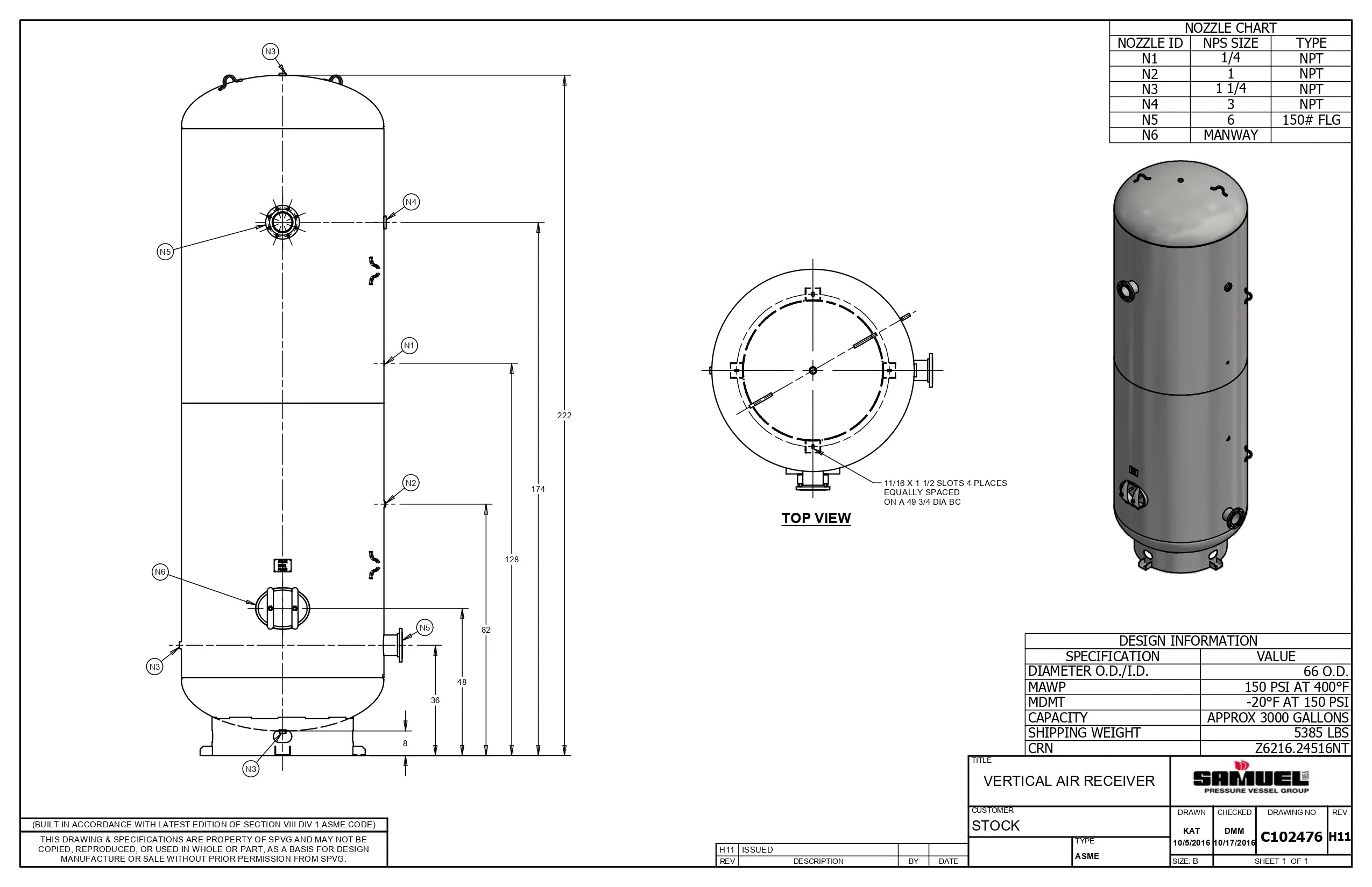 3000 Gallon 150PSI Vertical Air Tank By Samuel with 8" base ring | C102476
