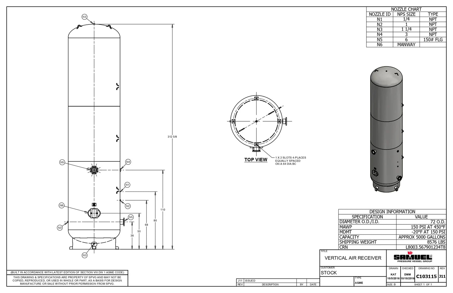 5000 Gallon 150PSI Vertical Air Tank By Samuel with 8" base ring | C103115