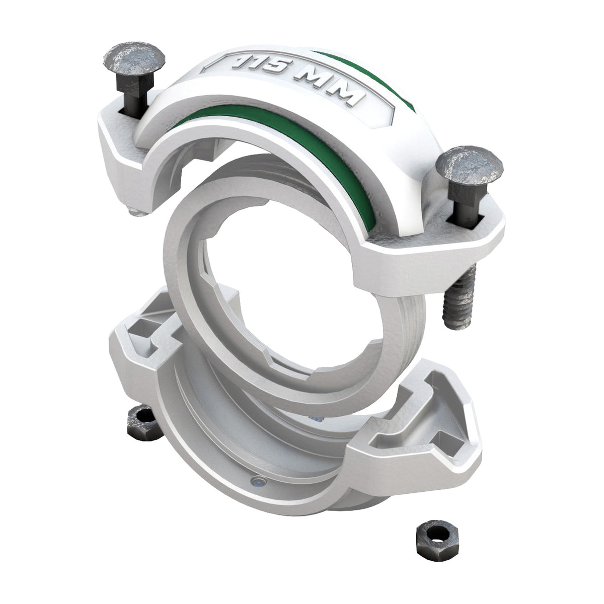 Champion Big-Lock 115mm coupling shown exploded with the green seal between the two housings and the carriage bolts