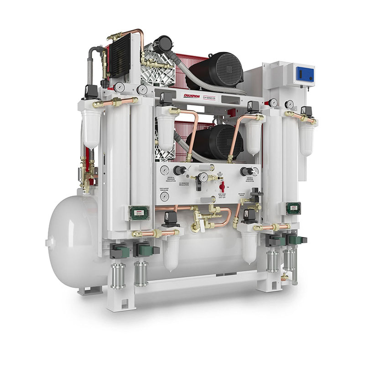 Champion CA-Series S5 oil-free rotary scroll medical air system, duplex base mount with mounted medical desiccant dryer and remote receiver