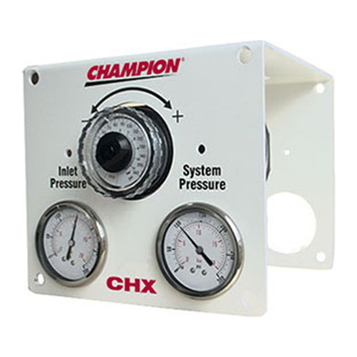 Champion CHX Series compressed air system flow controller with dual stainless steel inlet and system pressure gauges on a powder coated steel wall mount panel