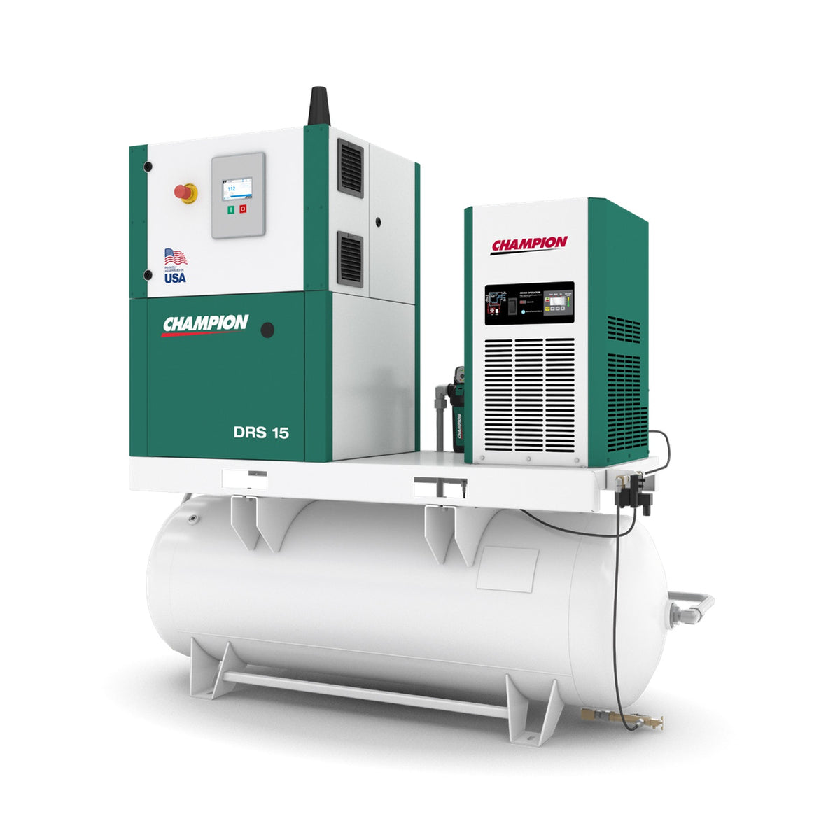 Champion DRS 15 variable speed rotary screw air compressor on an AirStation horizontal receiver with mounted Champion refrigerated air dryer