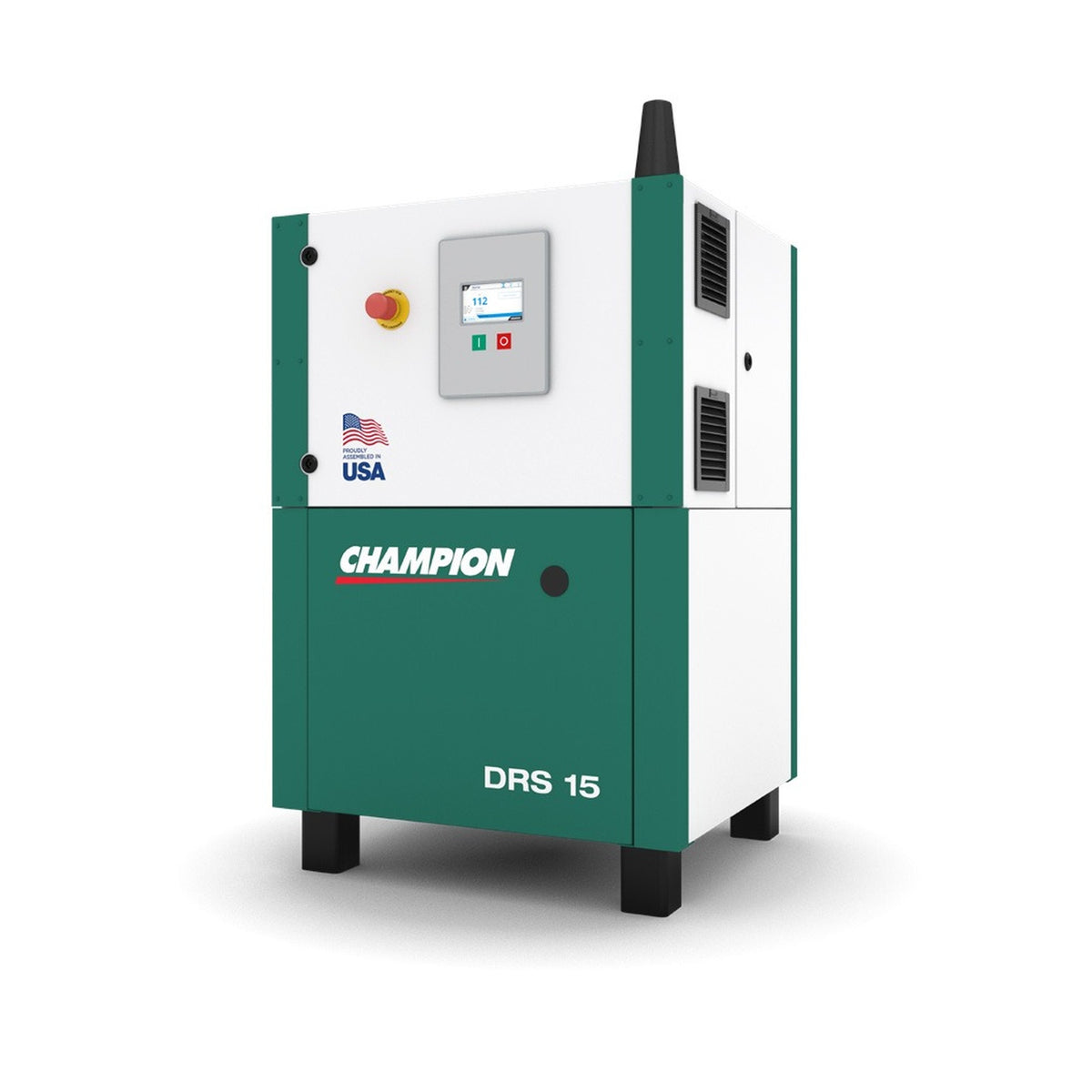 Champion DRS 15 base mount variable speed rotary screw air compressor, enclosed cabinet with Governor controller
