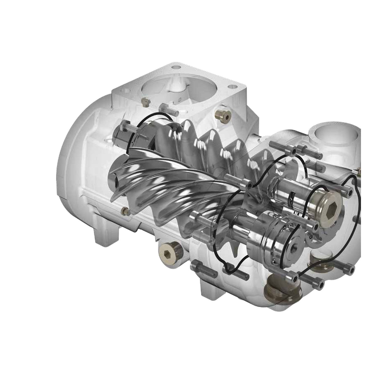 Cutaway view of a Champion oil injected rotary screw airend showing the male and female rotors