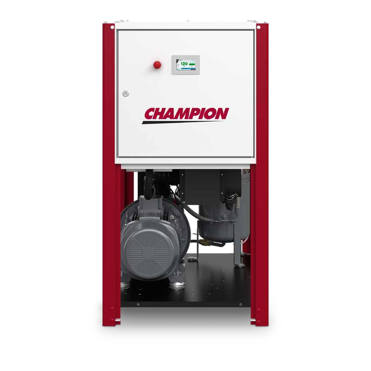 Champion LRS Series rotary screw compressor with lower enclosure panel removed showing TEFC motor and direct drive airend