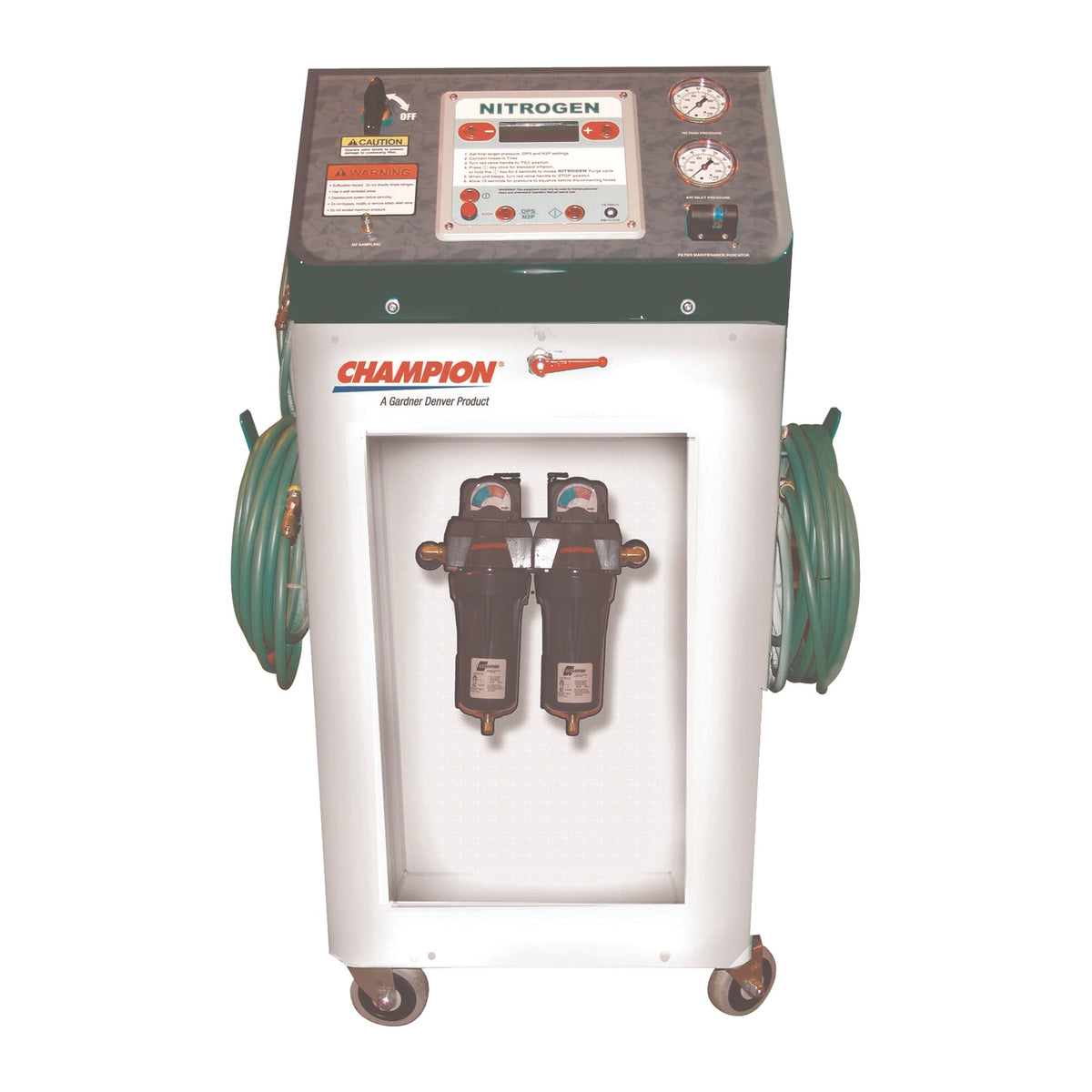Champion Nitrogen Advantage NA6-3P portable nitrogen generator cart with two coalescing pre-filters, dual inflation hose reels and top-mounted purge and fill controller