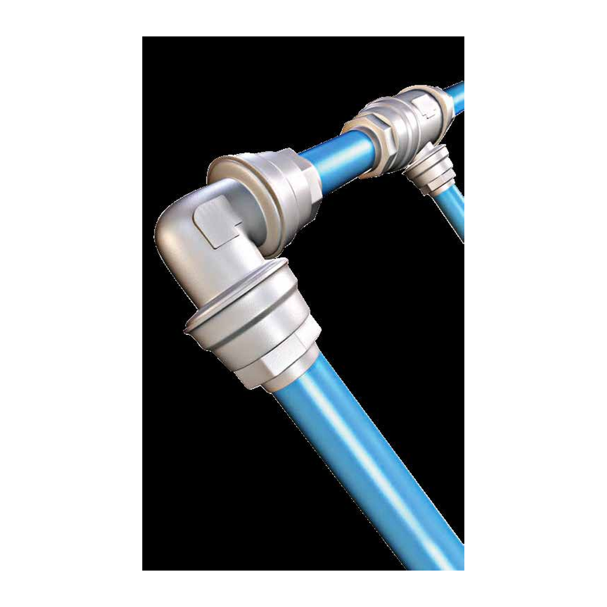 Champion Quick-Lock blue aluminum tubing joined with nickel-plated brass lock-and-seal fittings