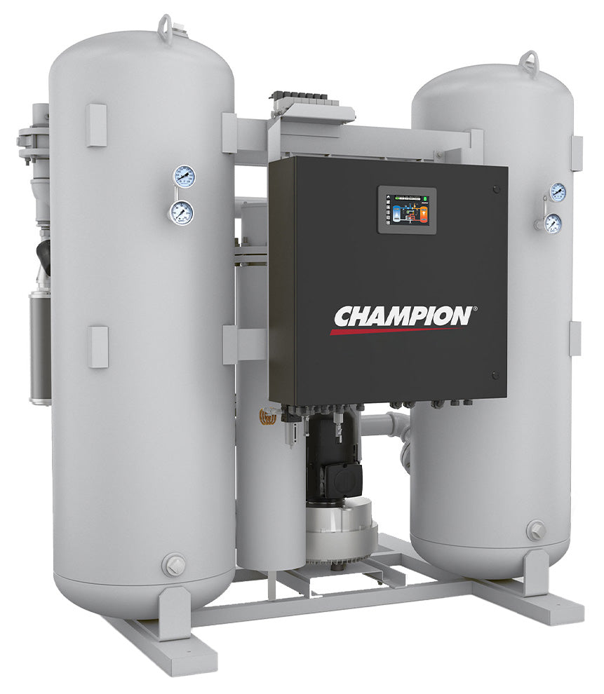 Champion XCHBA Series heated blower purge twin tower desiccant air dryer with regeneration blower, color touchscreen controller and mounted filtration