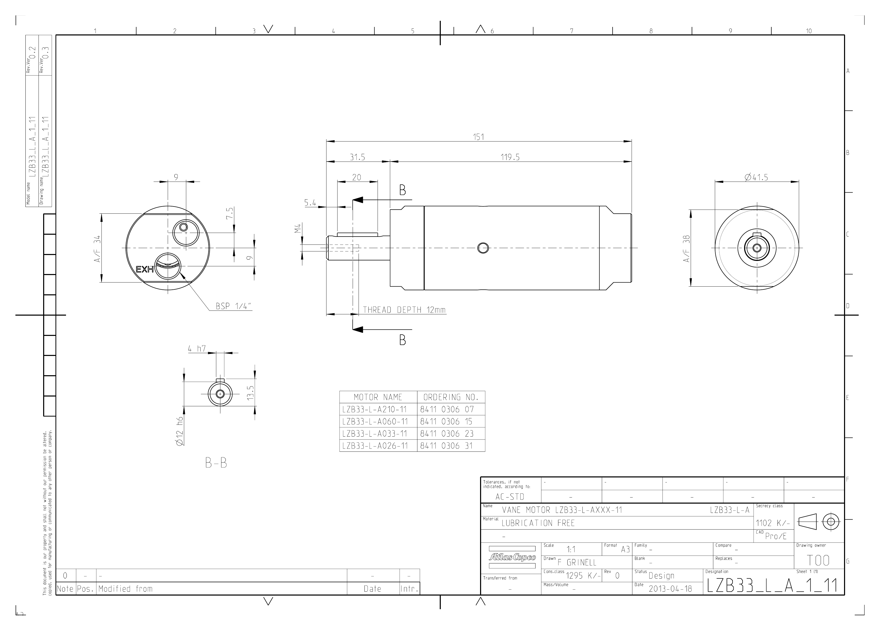 Atlas Copco LZB33-L-A210-11 dimensional drawing