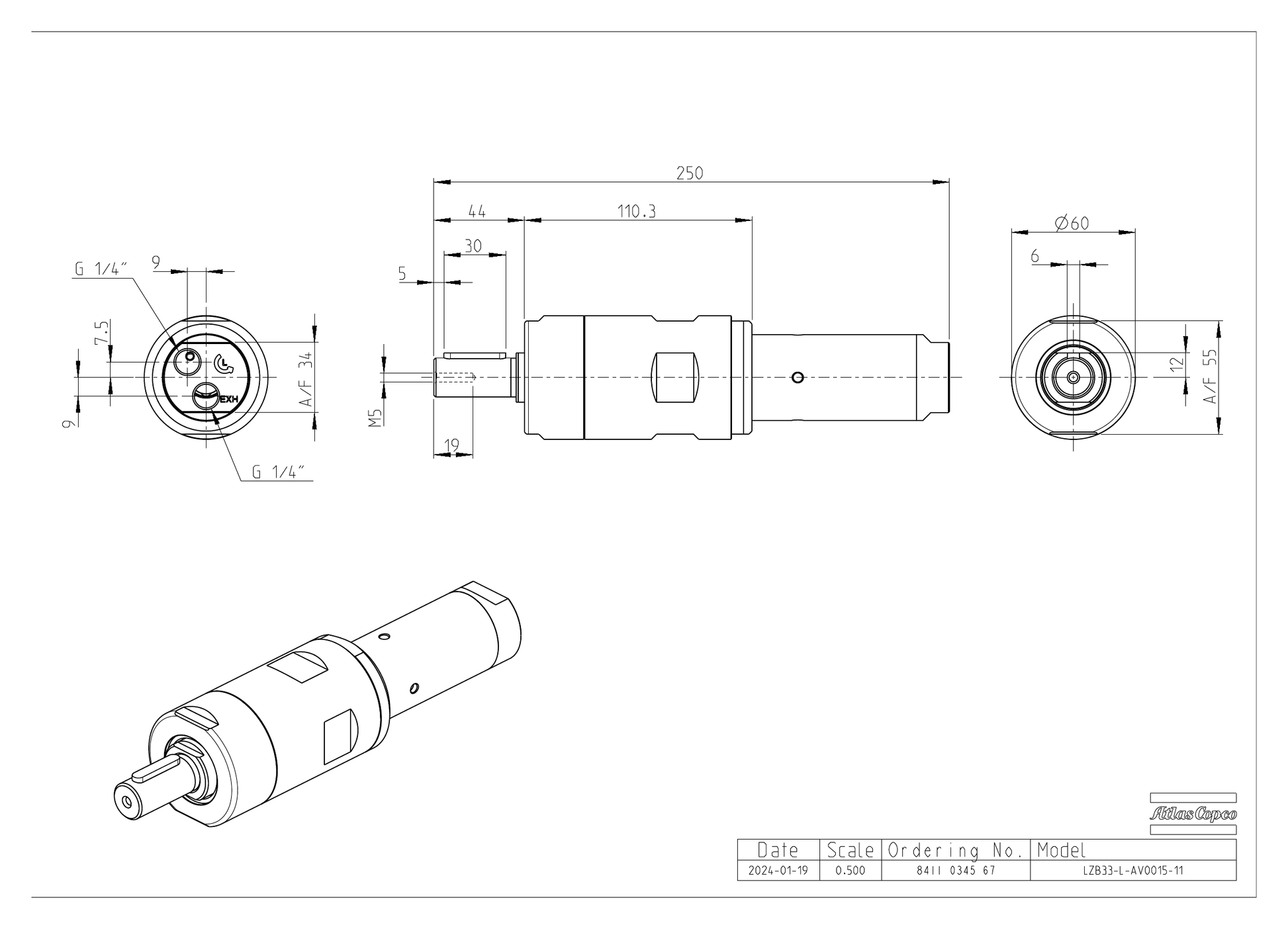 Atlas Copco LZB33-L-AV0015-11 dimensional drawing