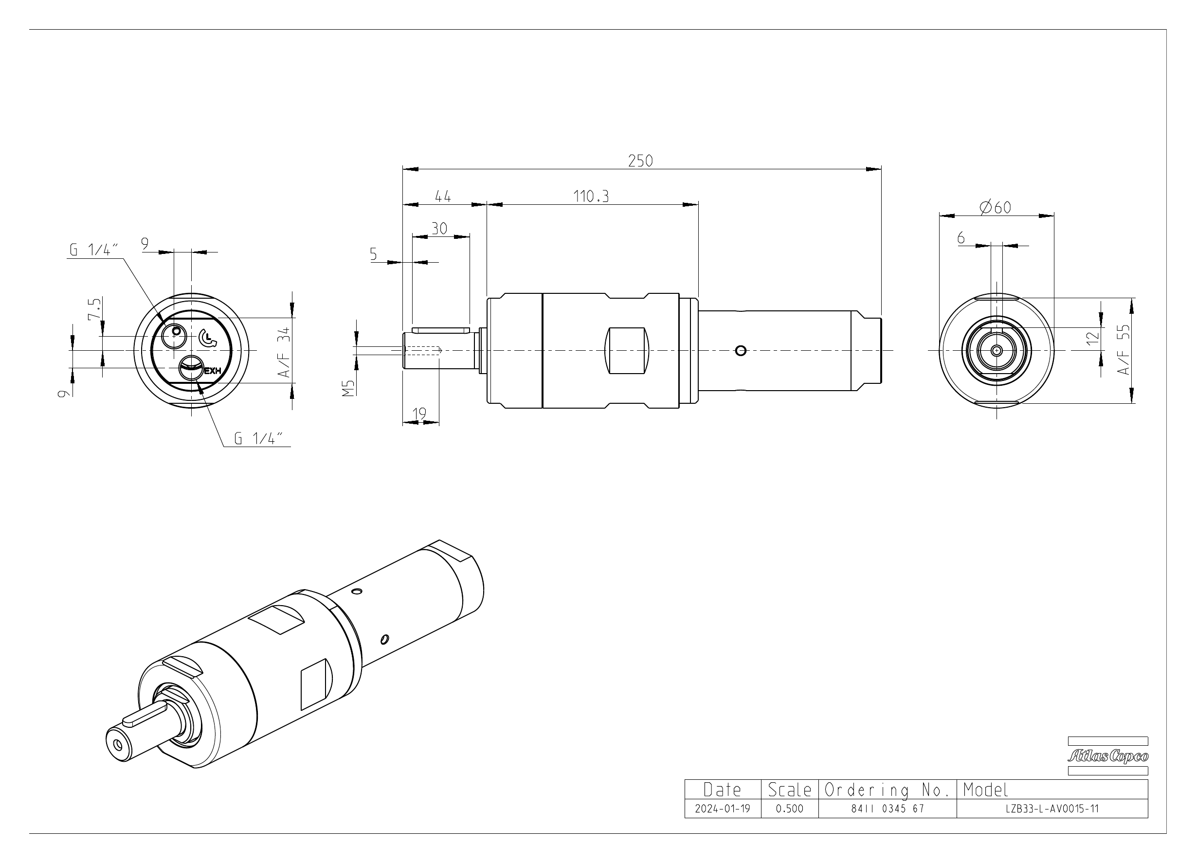 Atlas Copco LZB33-L-AV0015-11 dimensional drawing