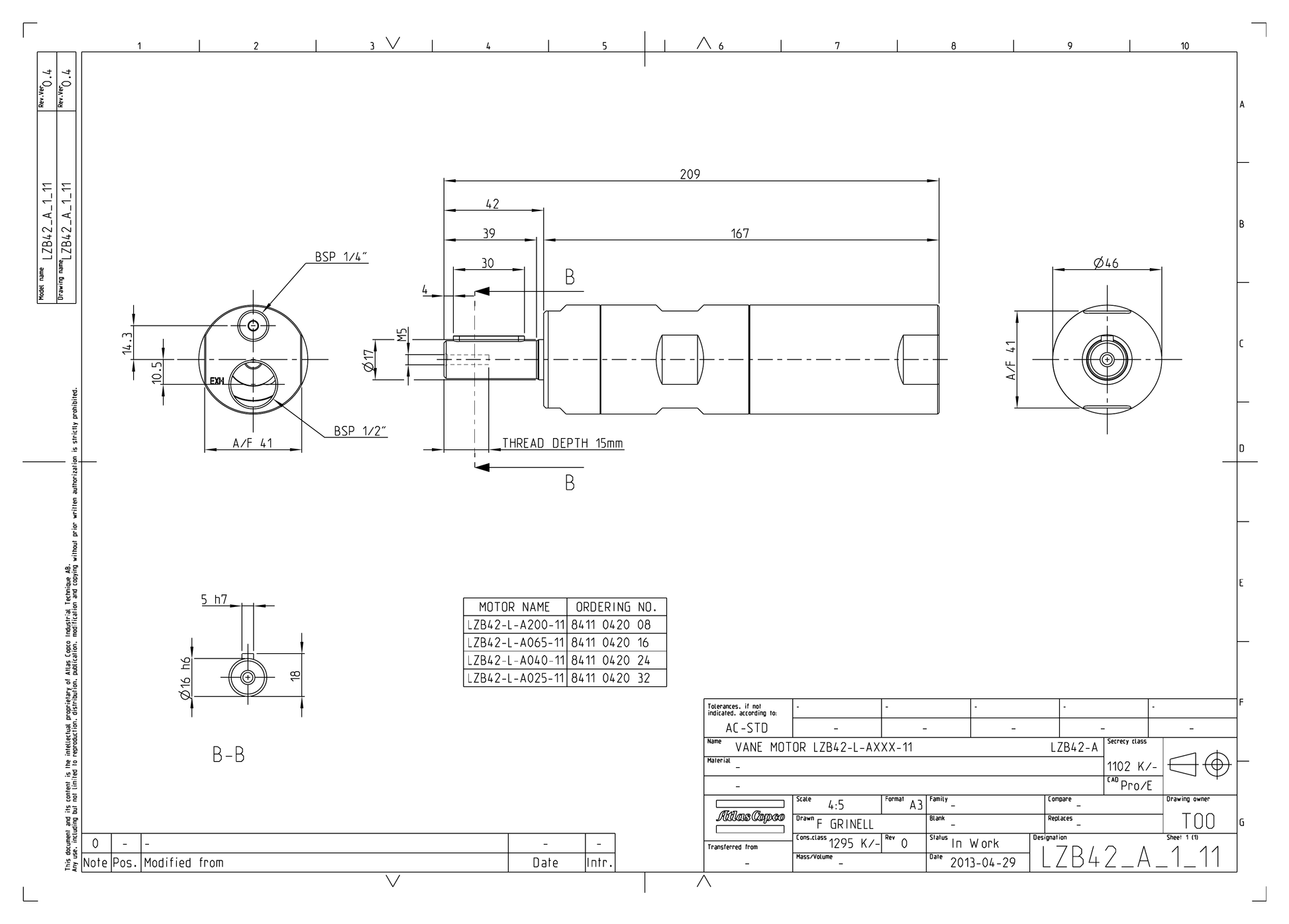 Atlas Copco LZB42-L-A025-11 dimensional drawing