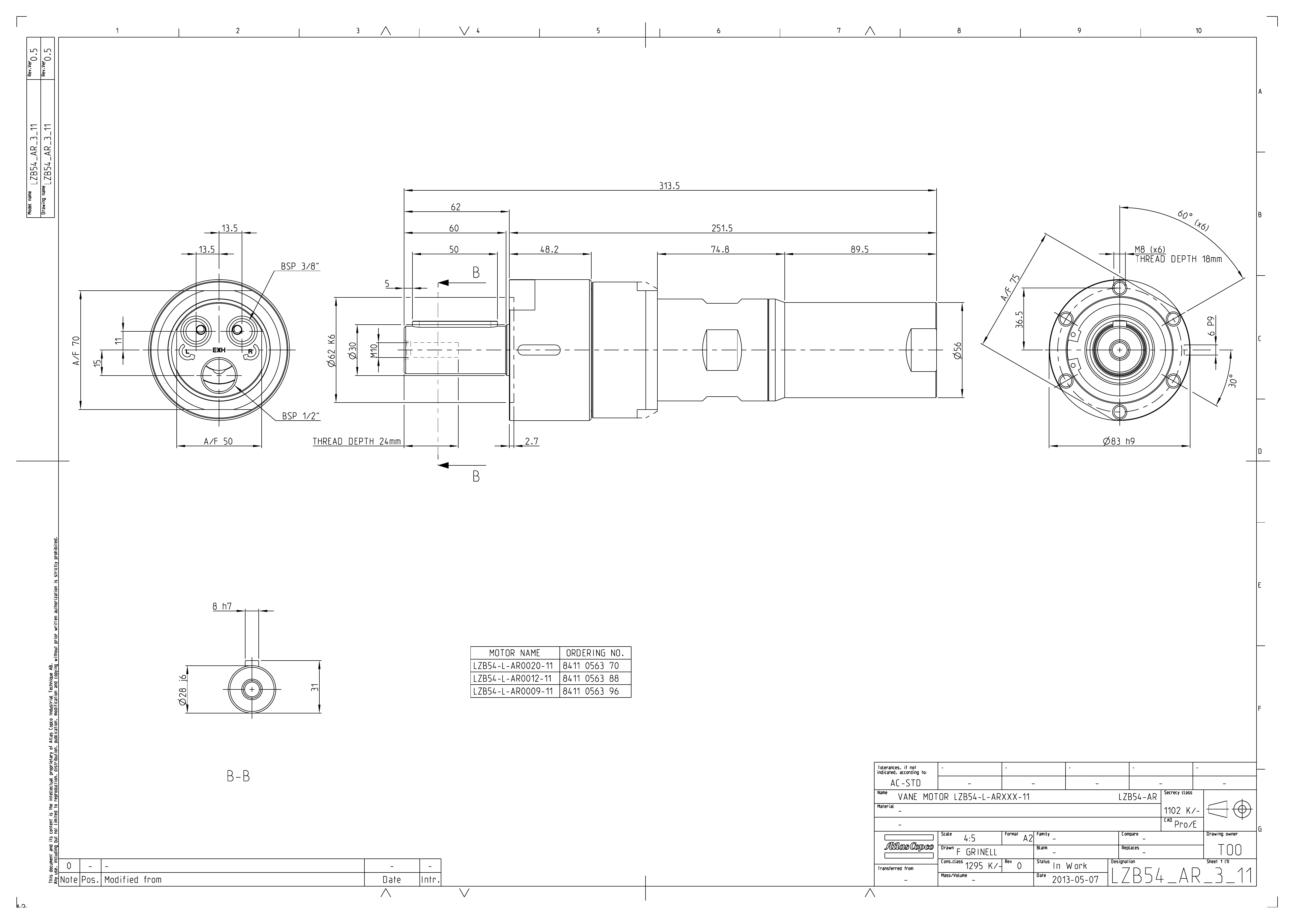 Atlas Copco LZB54-L-AR0009-11 | LZB54 Vane Air Motor — Low Speed, Fully Reversible, Lube-Free