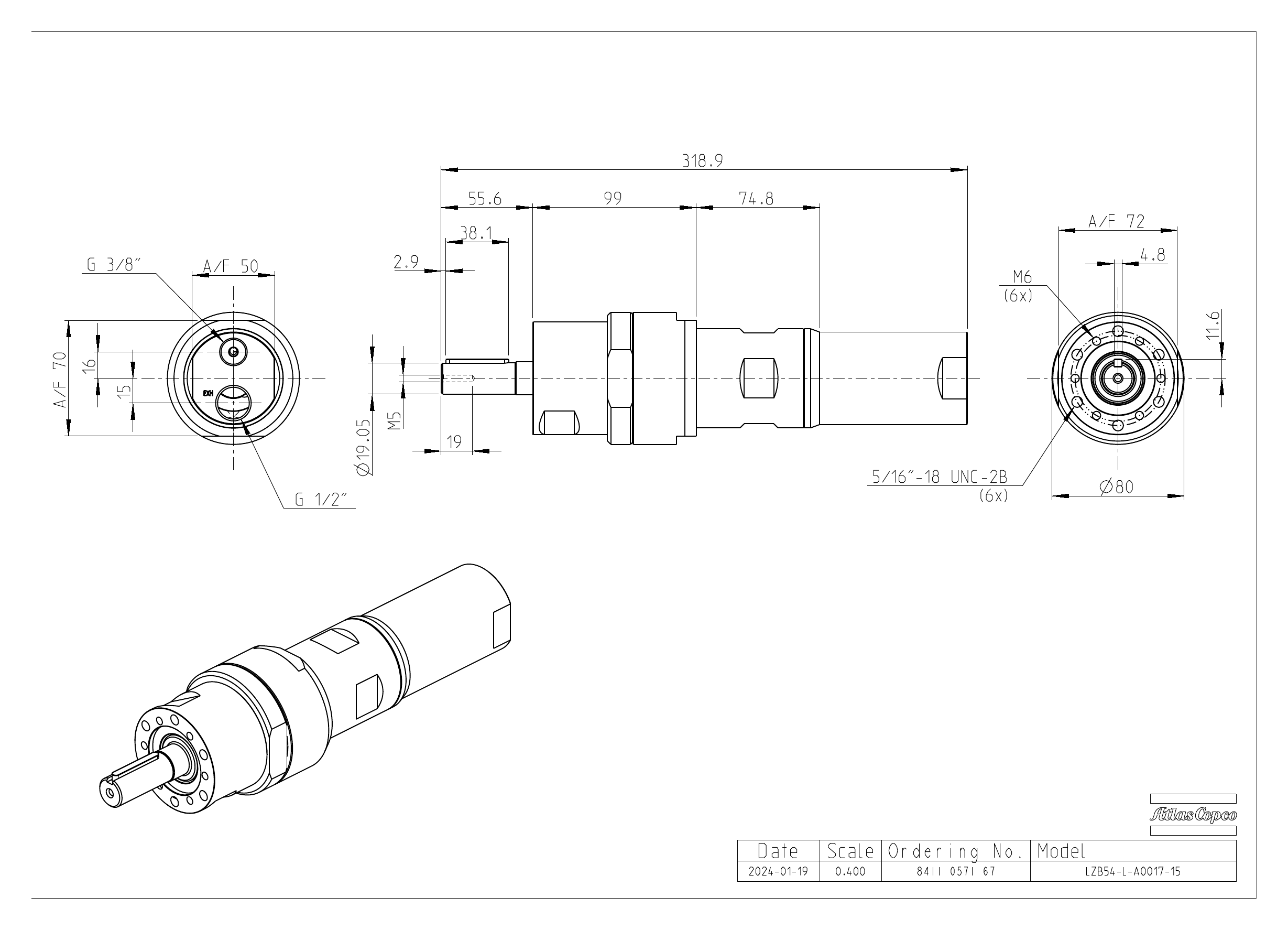 Atlas Copco LZB54-L-A0017-15 dimensional drawing