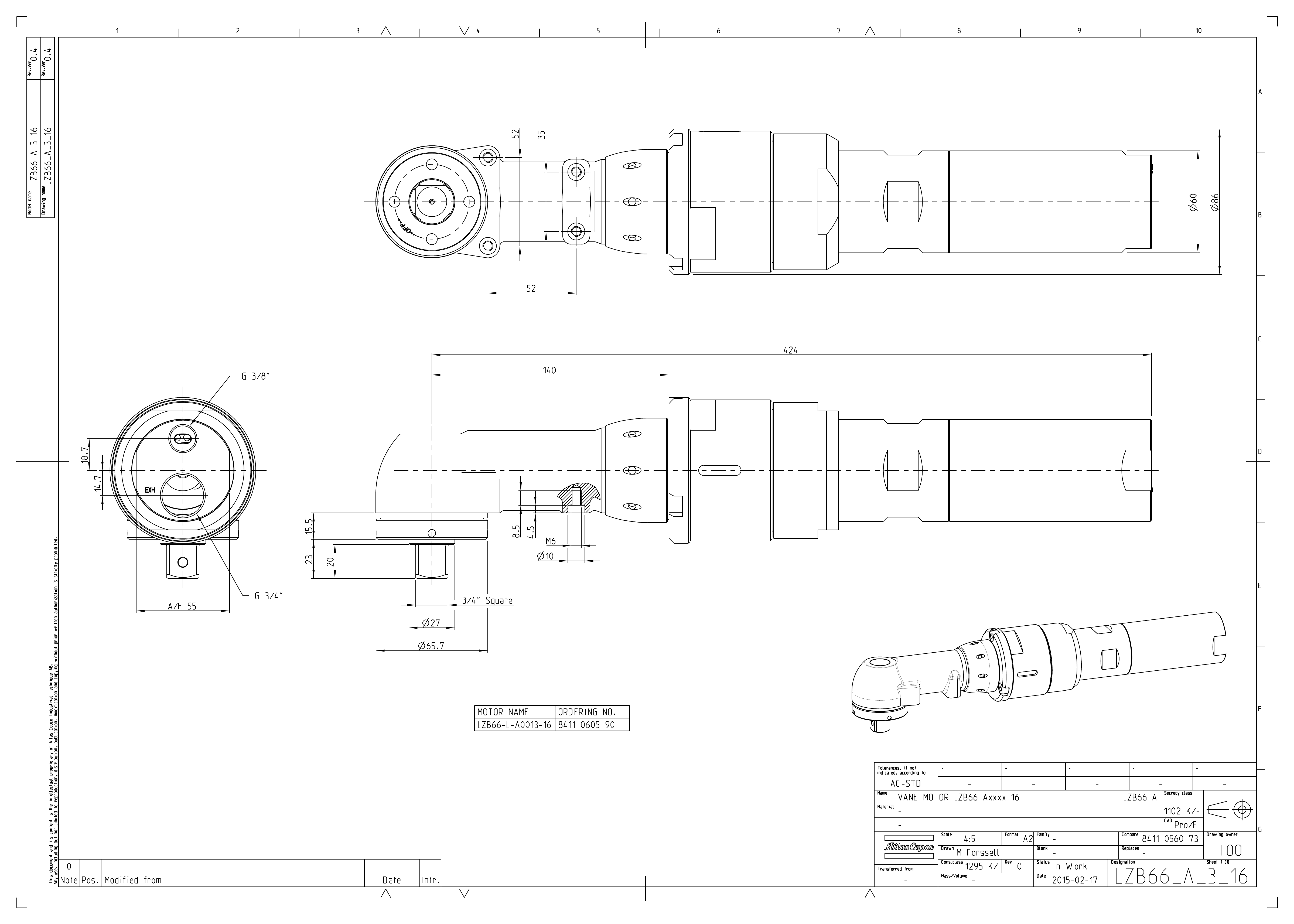 Atlas Copco LZB66-L-A0013-16 dimensional drawing